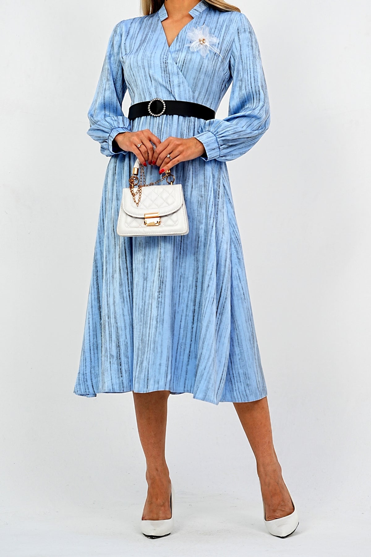 Elegant Pleated Midi Wrap Blue Dress with Statement Belt