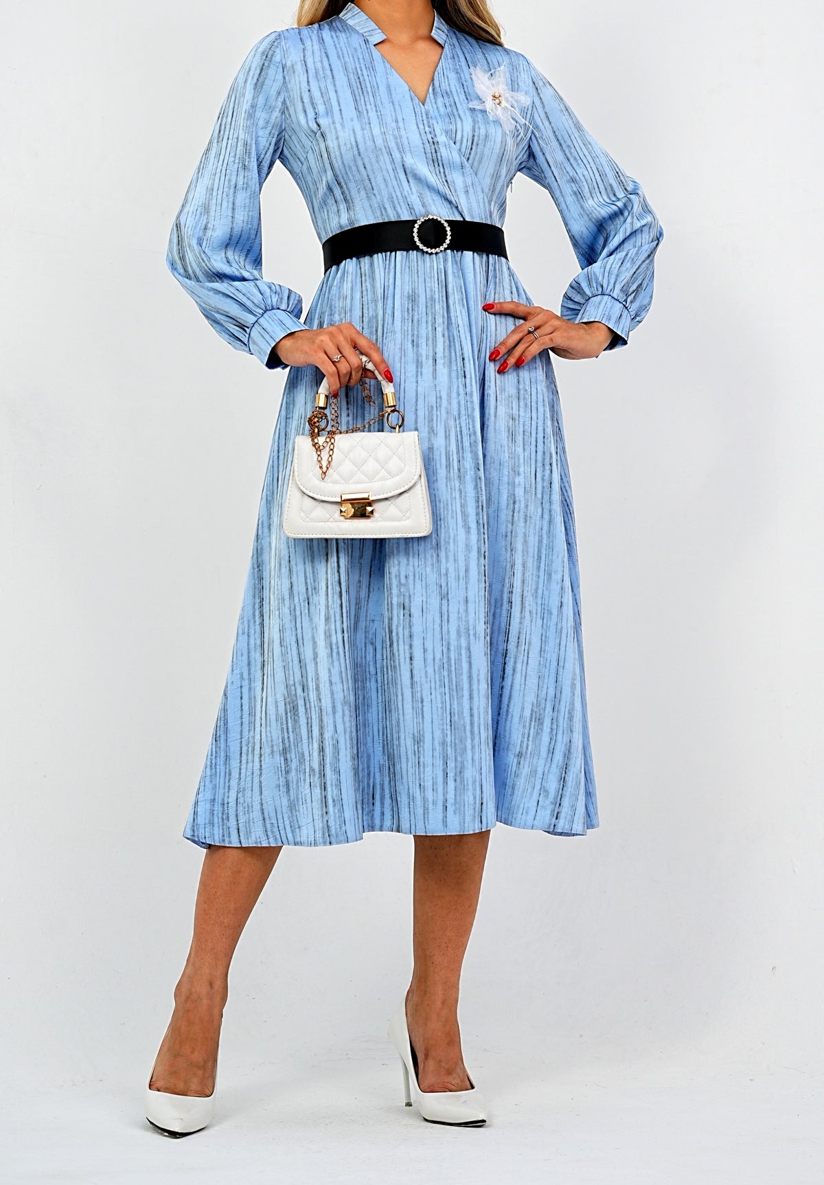 Elegant Pleated Midi Wrap Blue Dress with Statement Belt