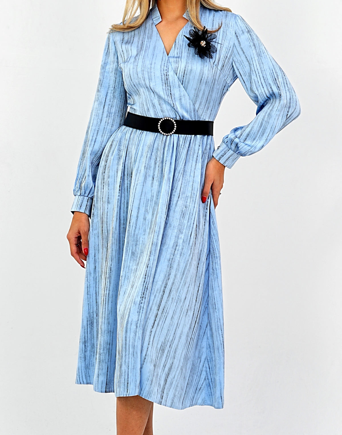 Elegant Pleated Midi Wrap Blue Dress with Statement Belt