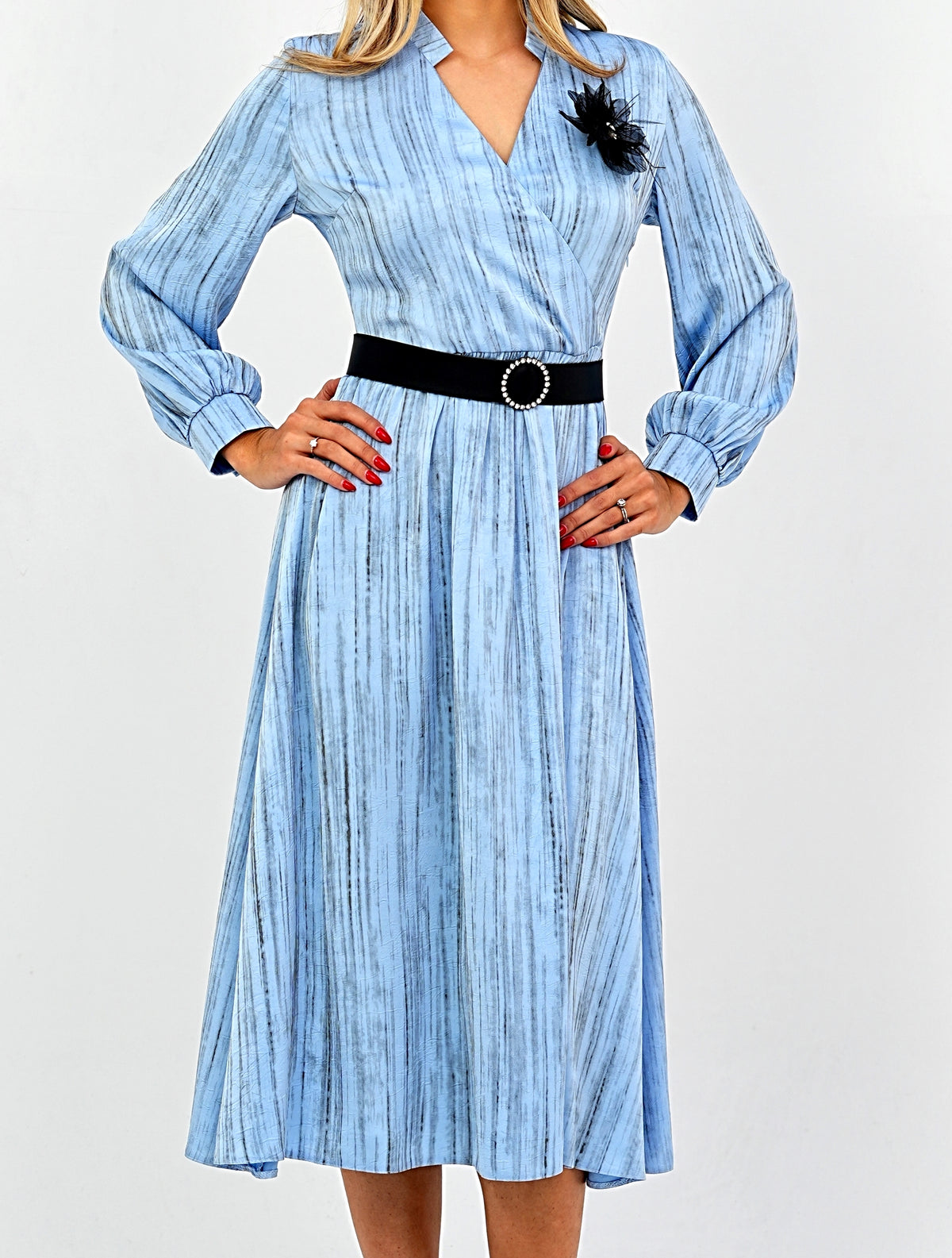 Elegant Pleated Midi Wrap Blue Dress with Statement Belt