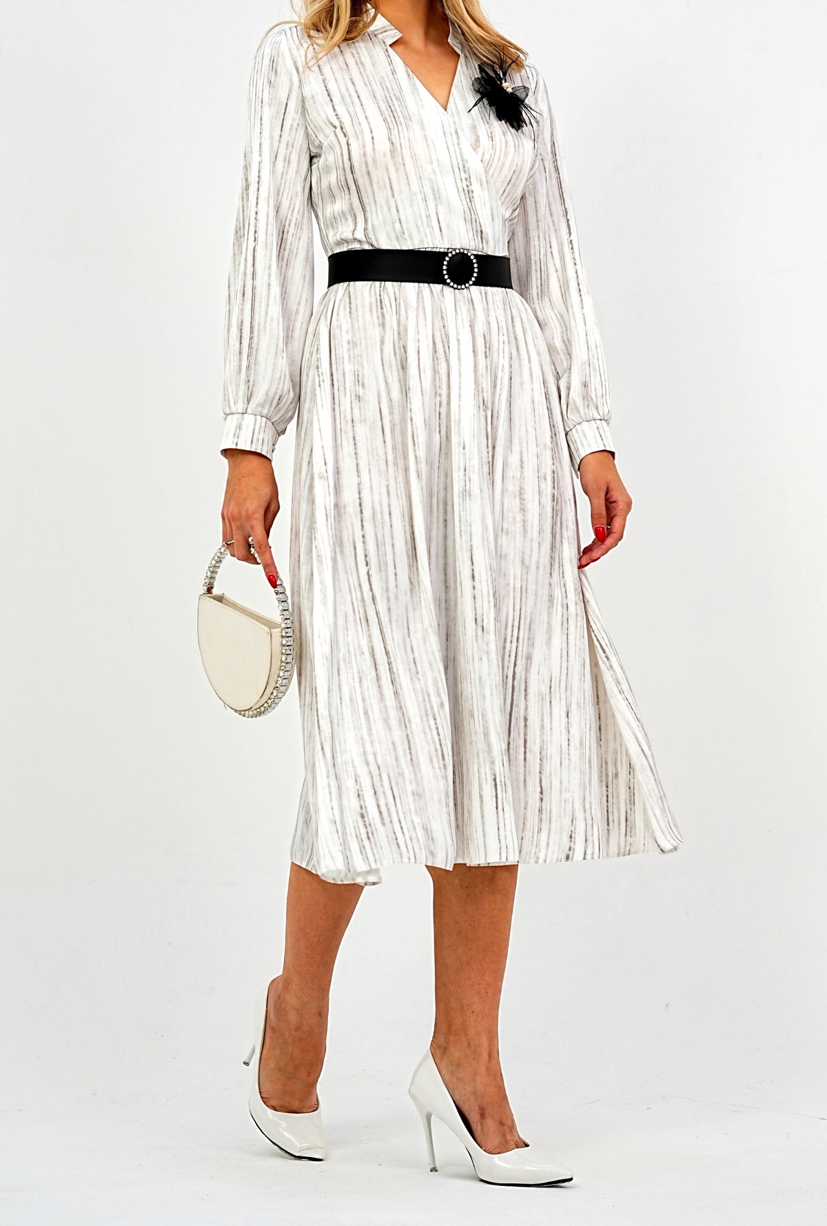 Elegant Pleated Midi Wrap Dress with Statement Belt