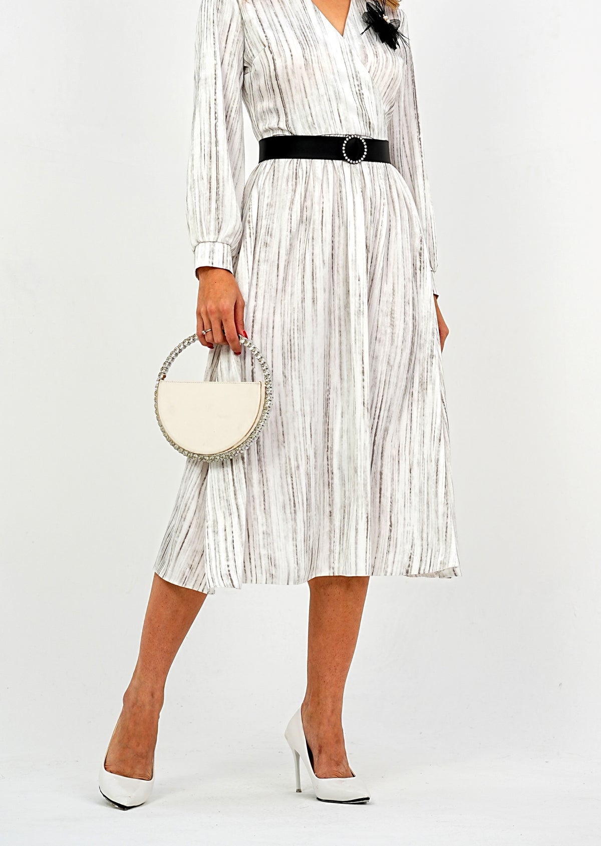 Elegant Pleated Midi Wrap Dress with Statement Belt