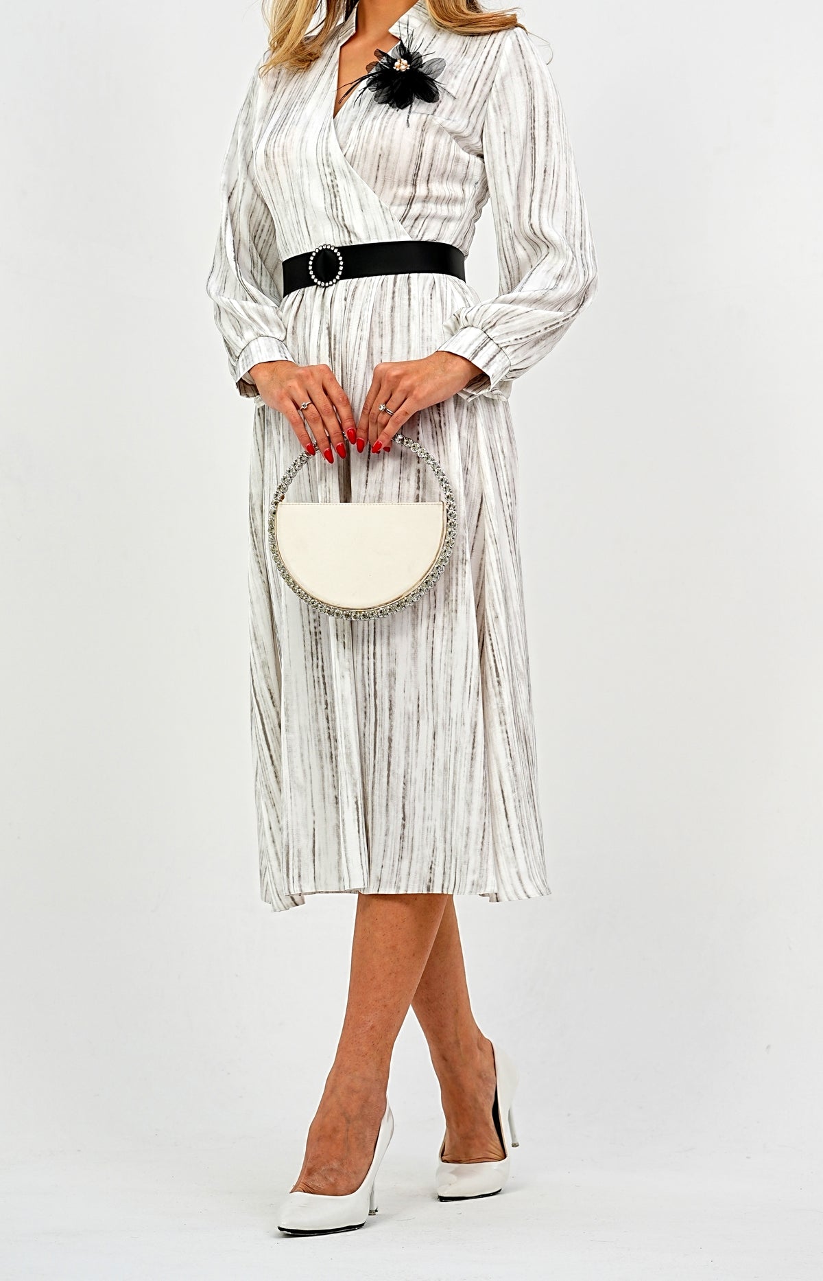 Elegant Pleated Midi Wrap Dress with Statement Belt