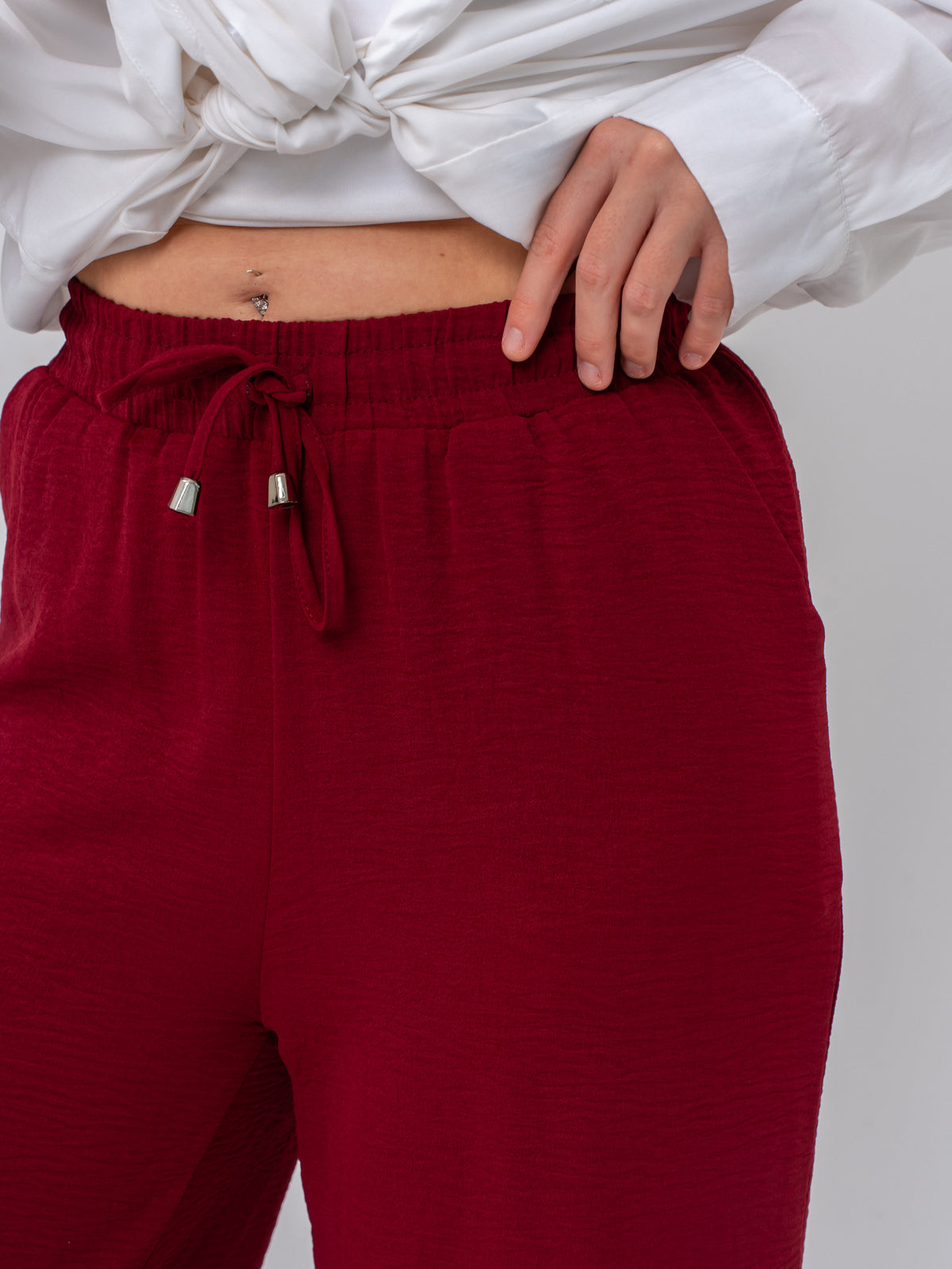 Effortless Burgundy High-Waisted Wide Leg Trousers with Drawstring
