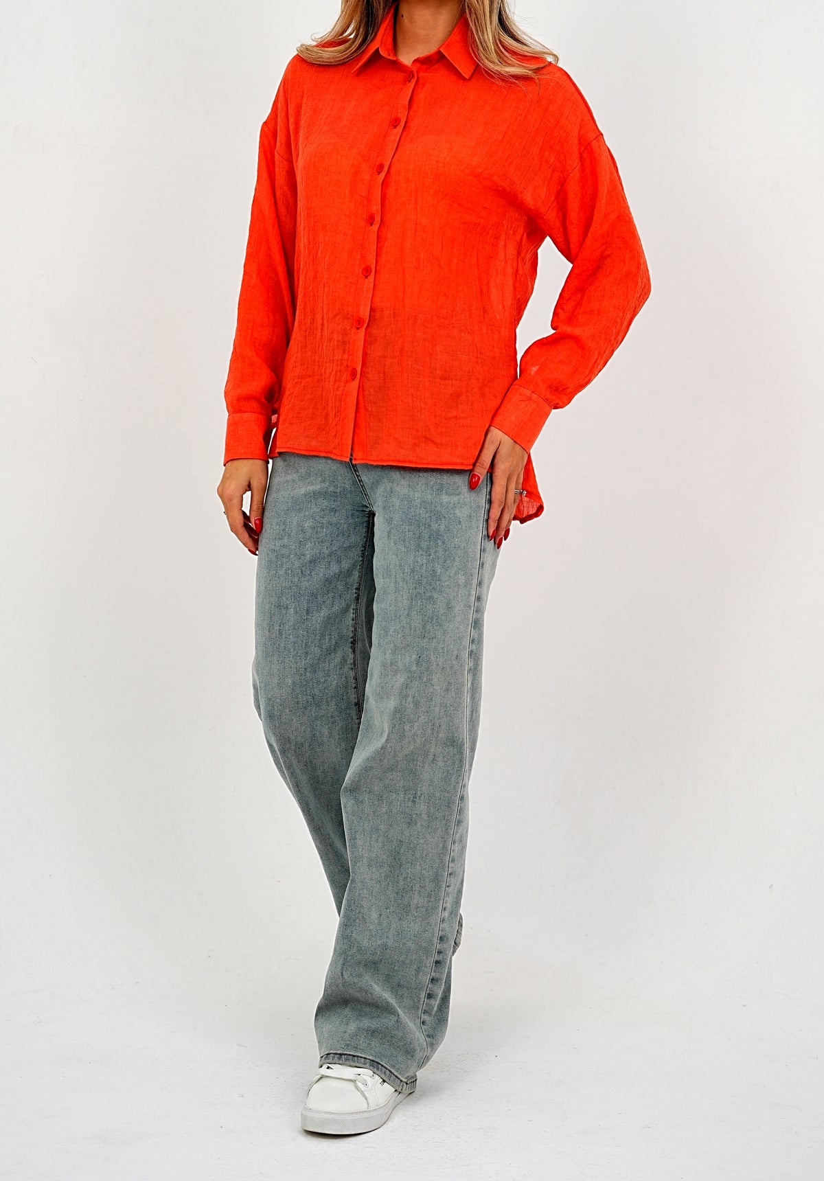 Relaxed Fit Long Sleeve Shirt - Crinkled & Lightweight Orange