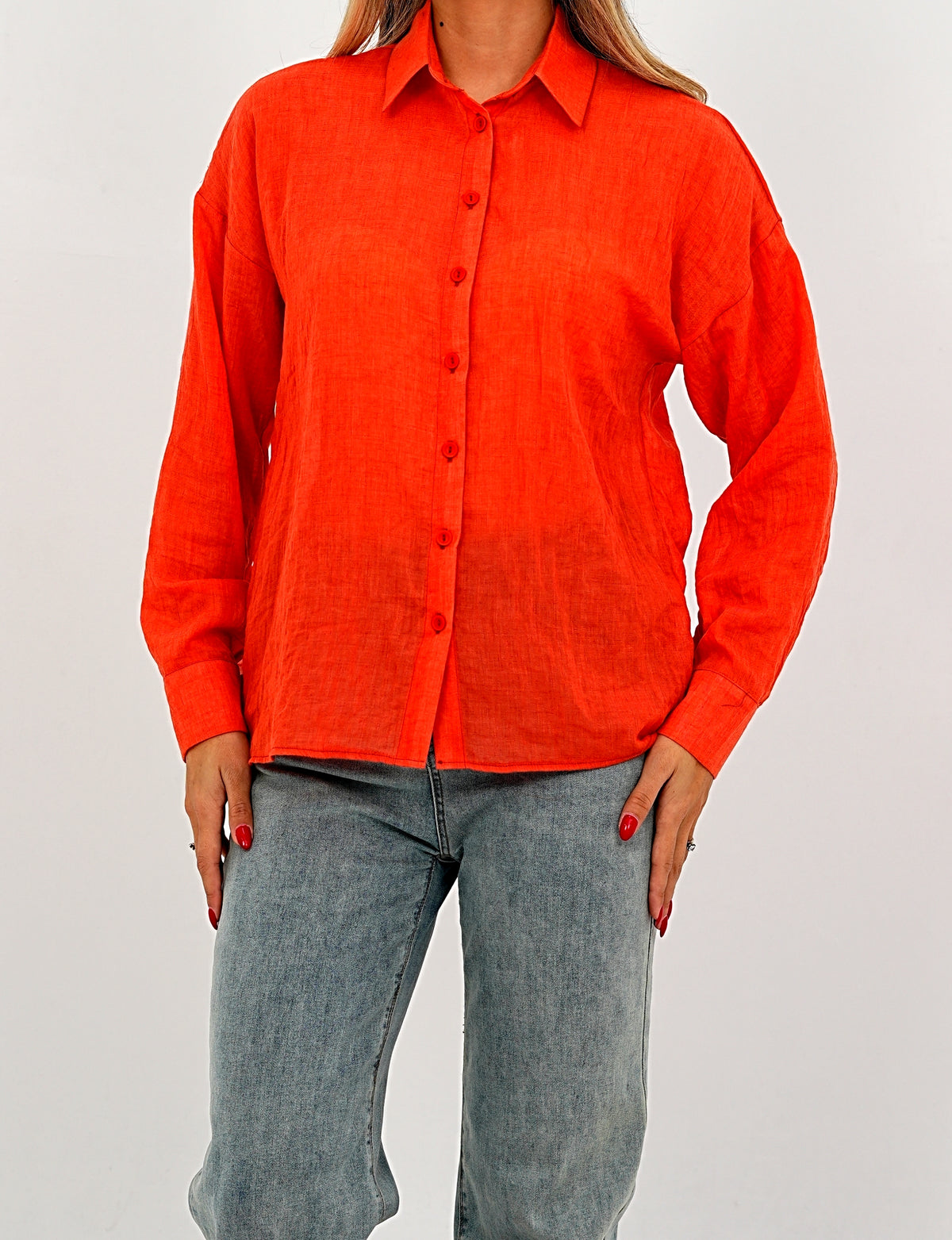 Relaxed Fit Long Sleeve Shirt - Crinkled & Lightweight Orange