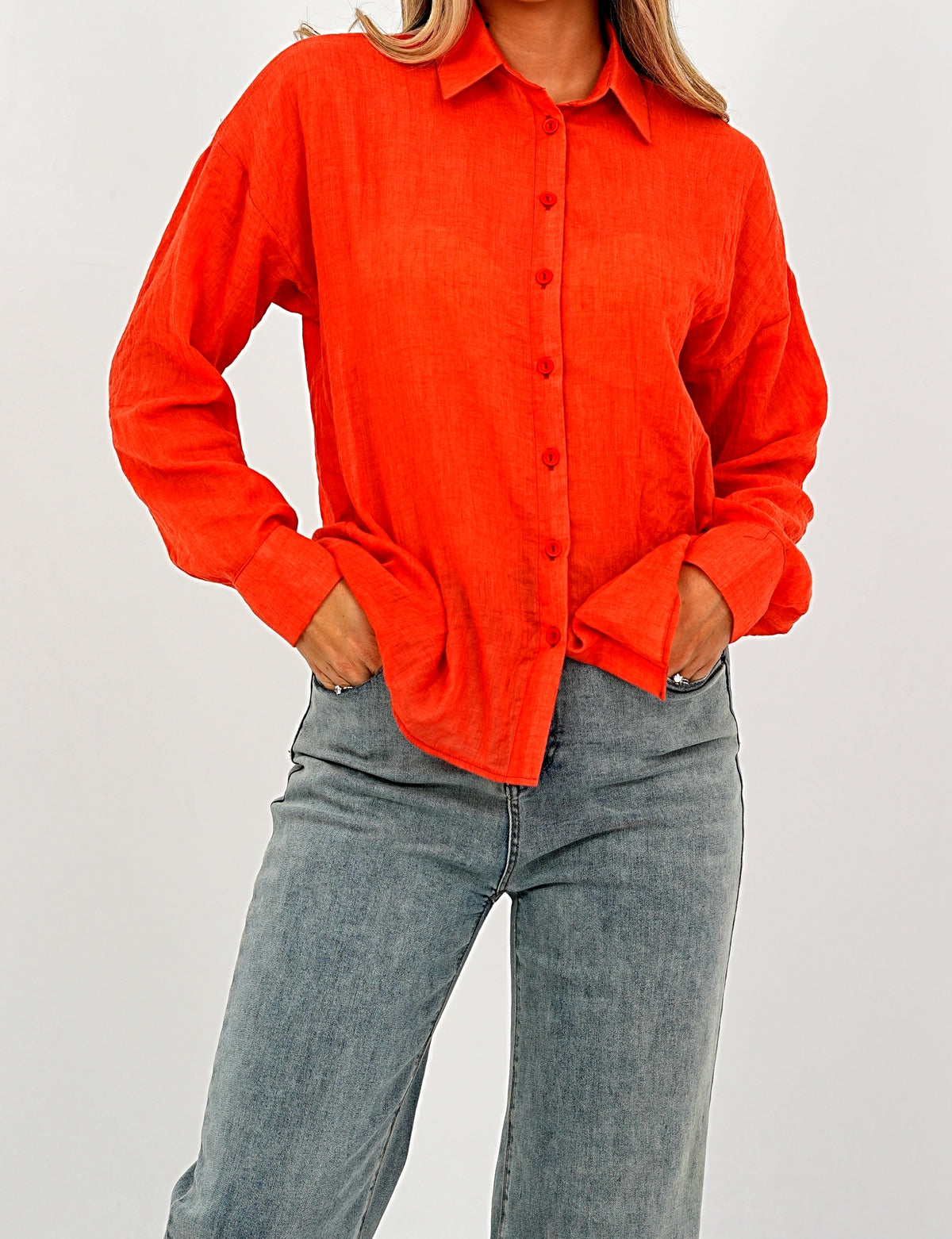 Relaxed Fit Long Sleeve Shirt - Crinkled & Lightweight Orange
