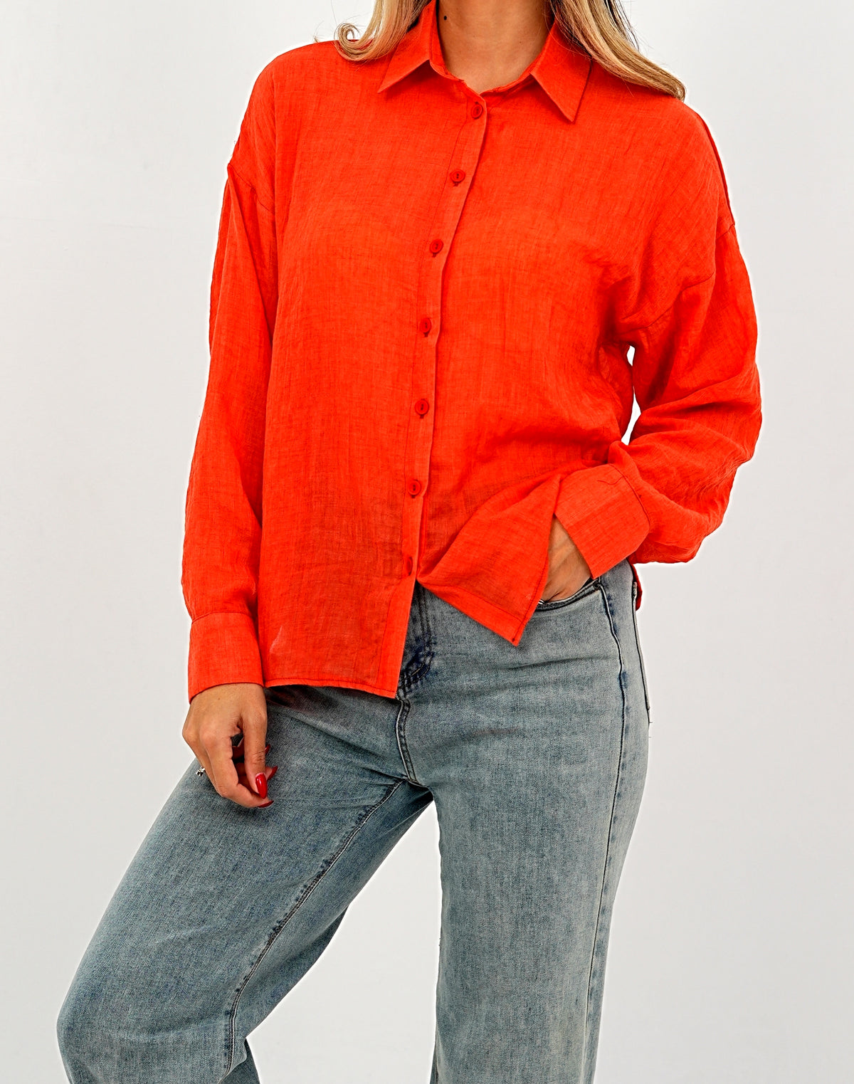 Relaxed Fit Long Sleeve Shirt - Crinkled & Lightweight Orange