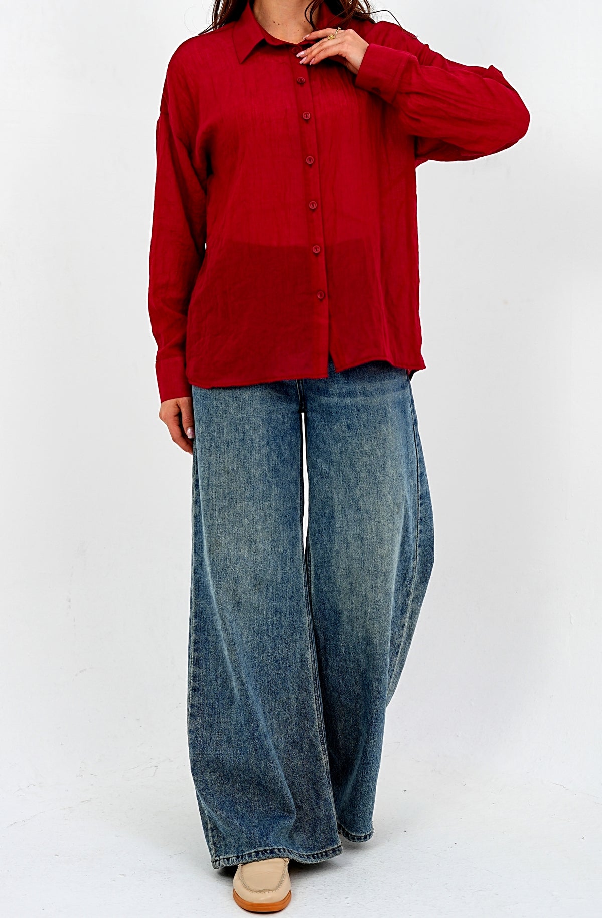 Airy Gauze Burgundy Relaxed Fit Long Sleeve Shirt