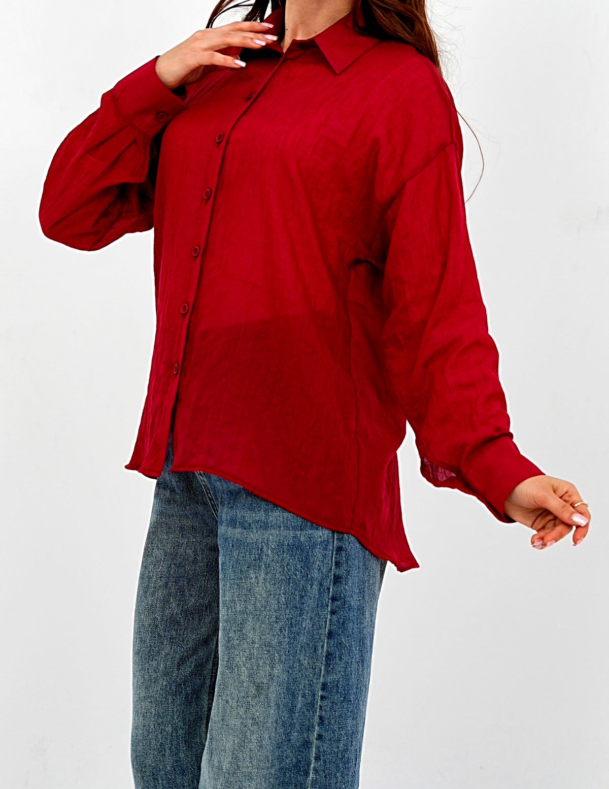 Airy Gauze Burgundy Relaxed Fit Long Sleeve Shirt