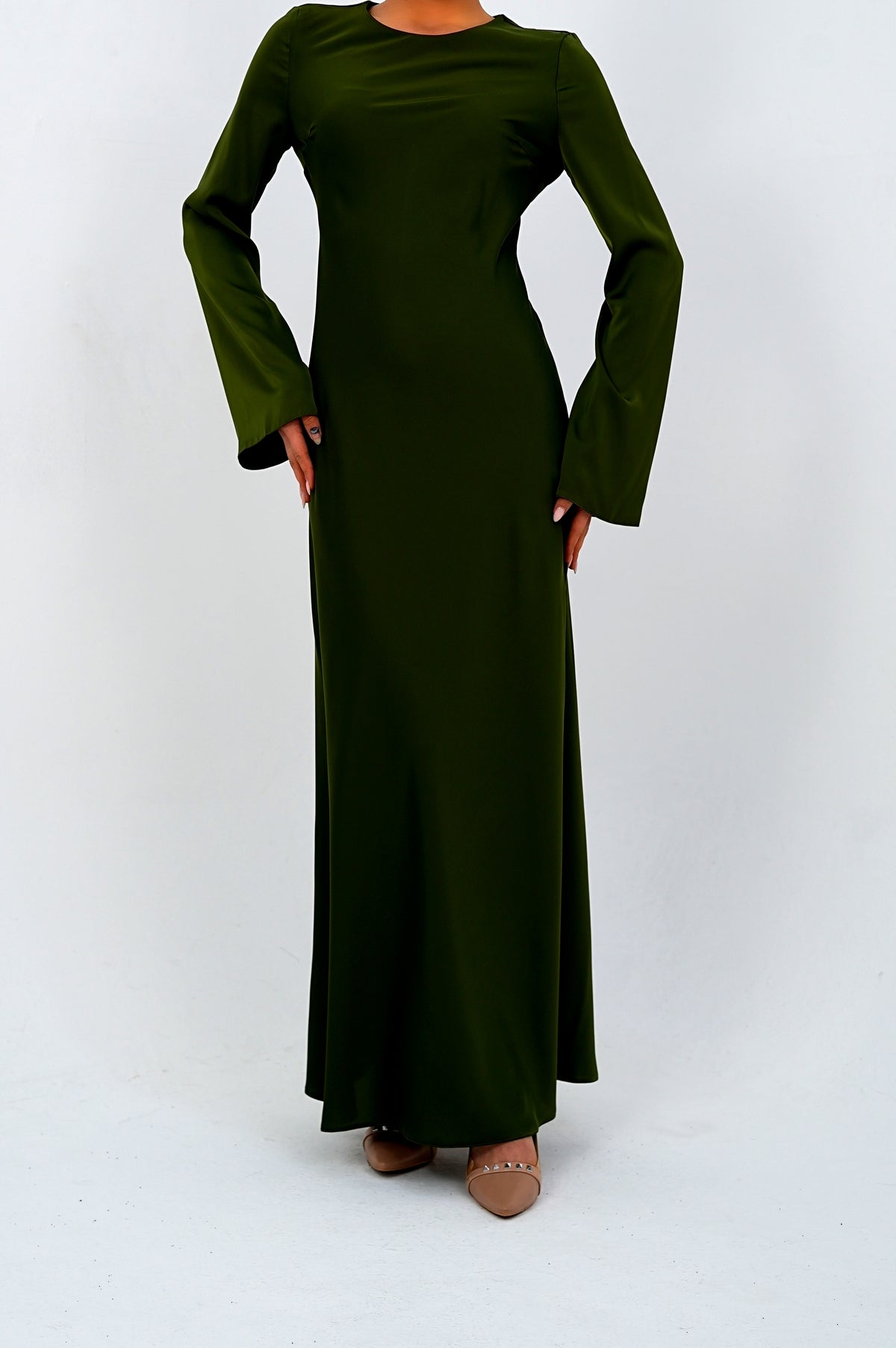The 'Emerald Muse' Flared Sleeve Long Dress Olive Green