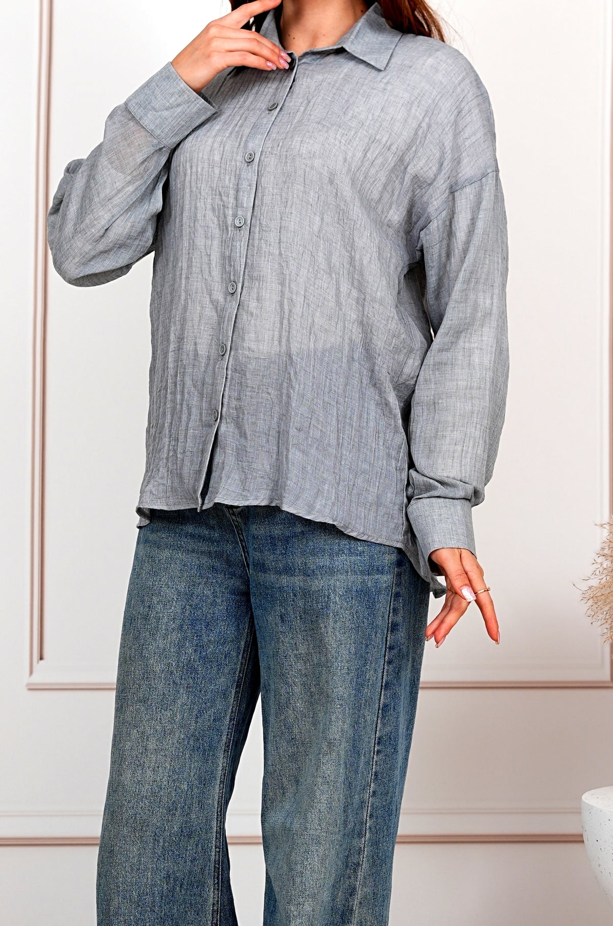 Airy Gauze Gray Relaxed Fit Long Sleeve Shirt