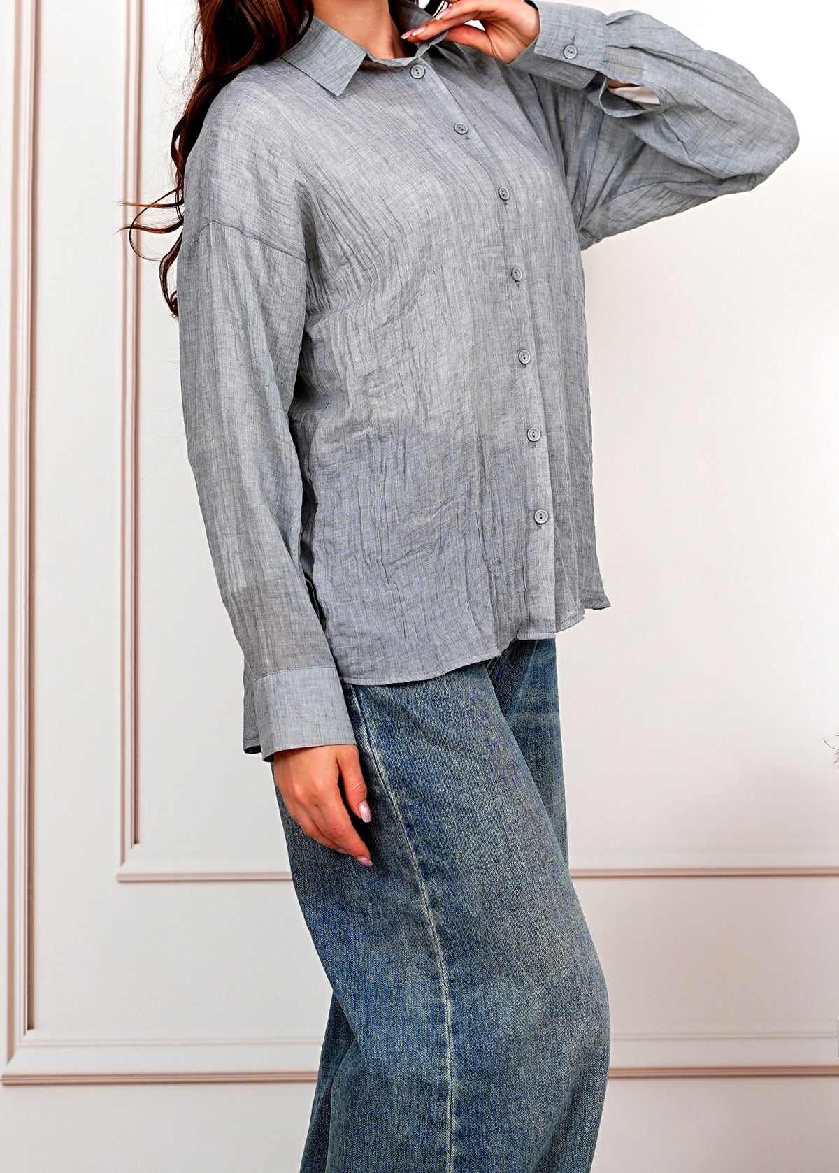 Airy Gauze Gray Relaxed Fit Long Sleeve Shirt