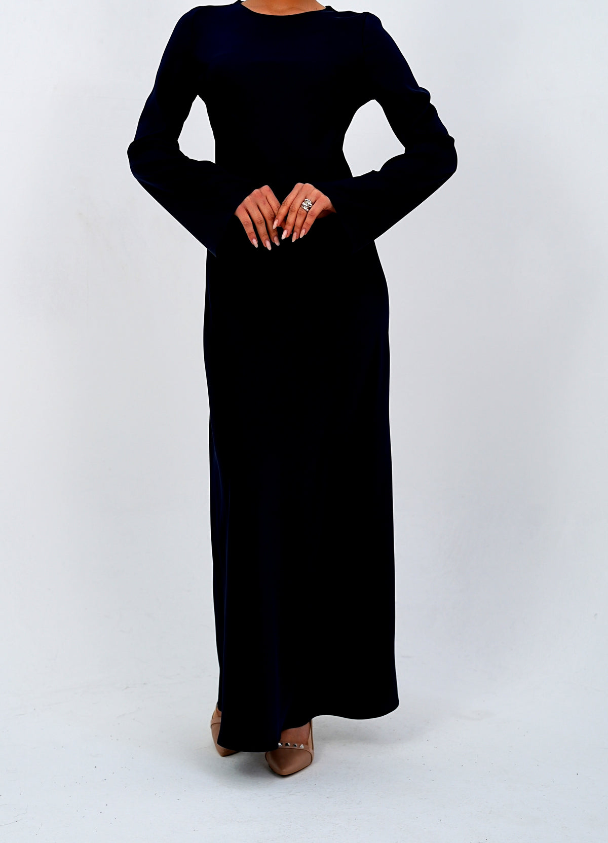 The 'Emerald Muse' Flared Sleeve Long Dress Navy Blue