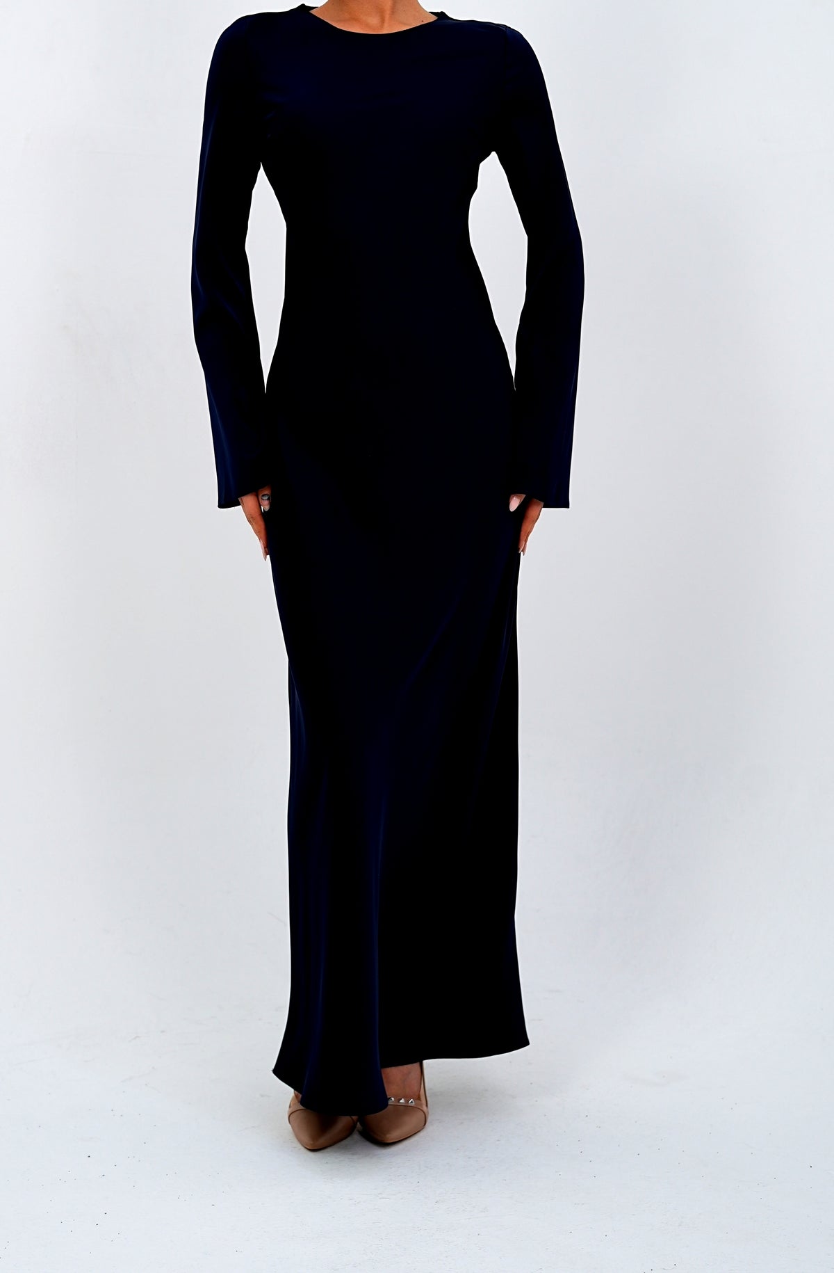 The 'Emerald Muse' Flared Sleeve Long Dress Navy Blue