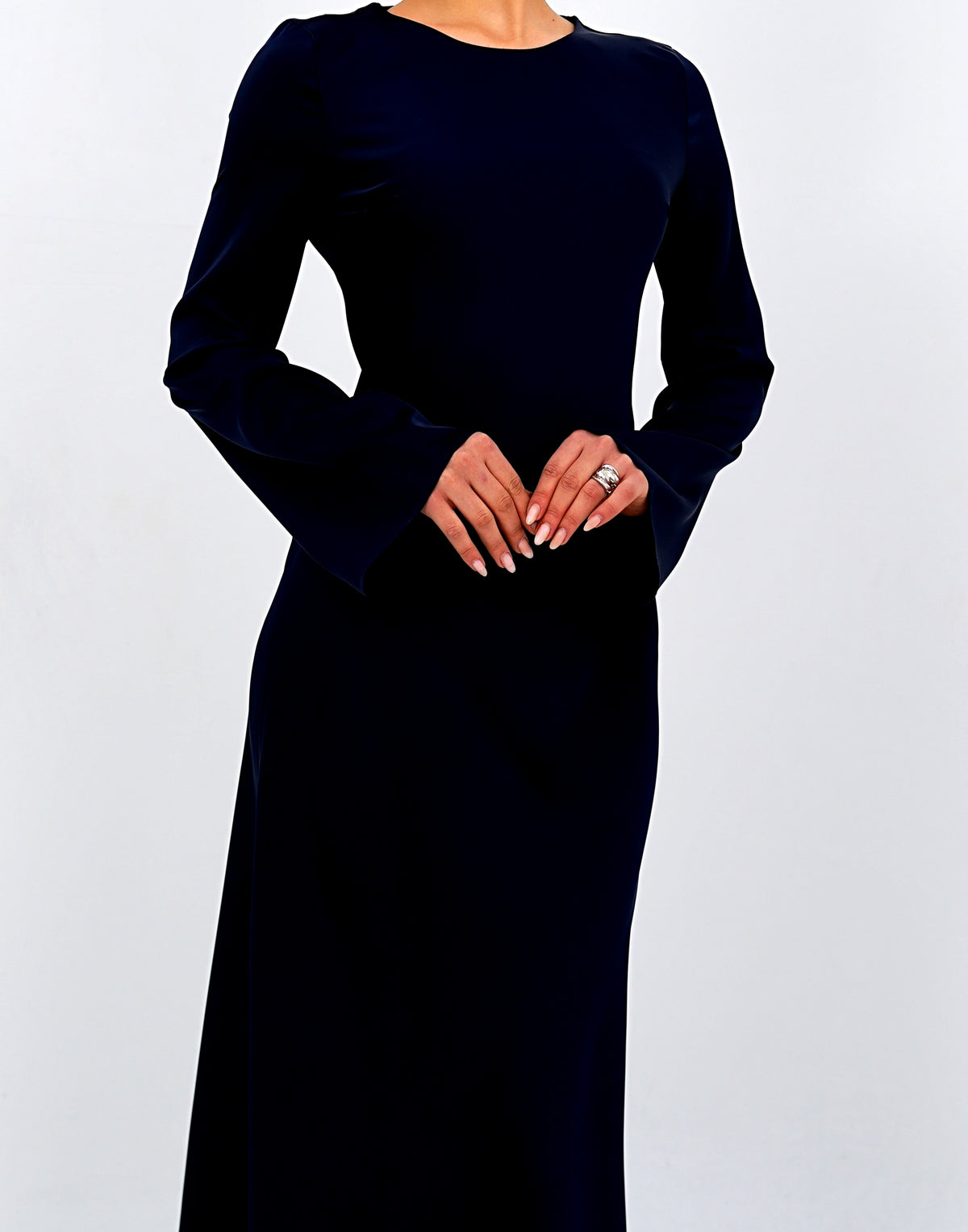 The 'Emerald Muse' Flared Sleeve Long Dress Navy Blue