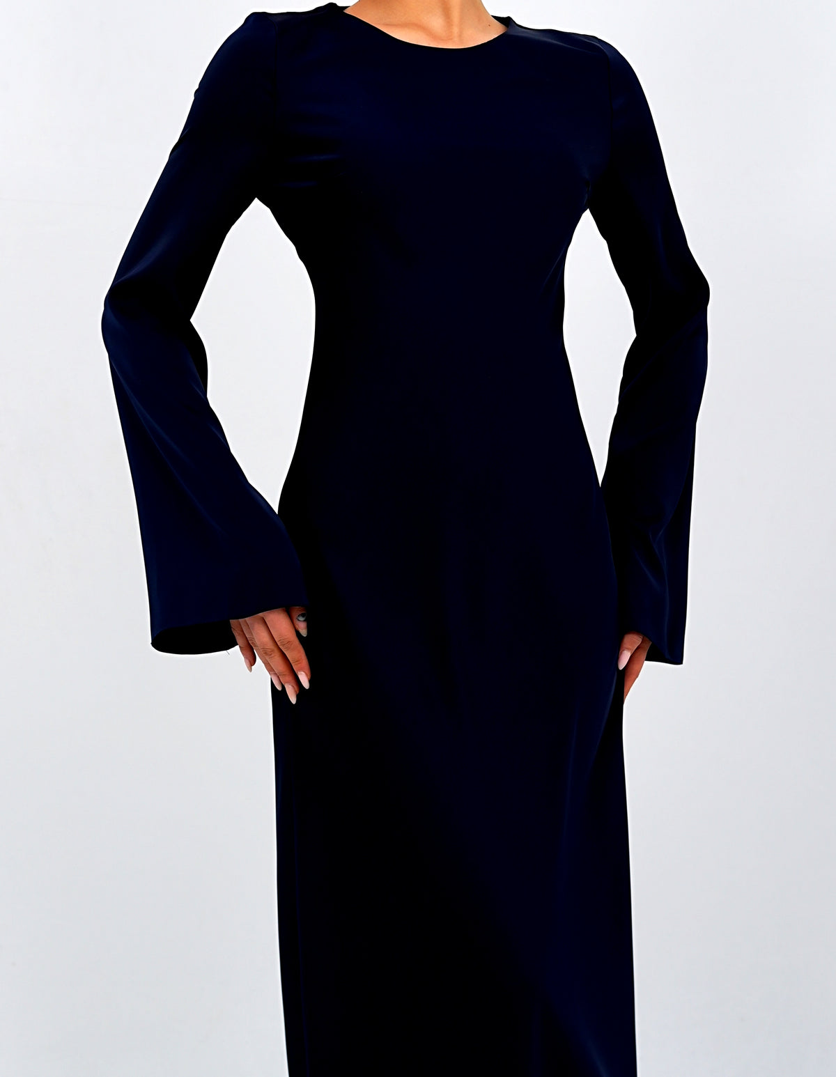 The 'Emerald Muse' Flared Sleeve Long Dress Navy Blue