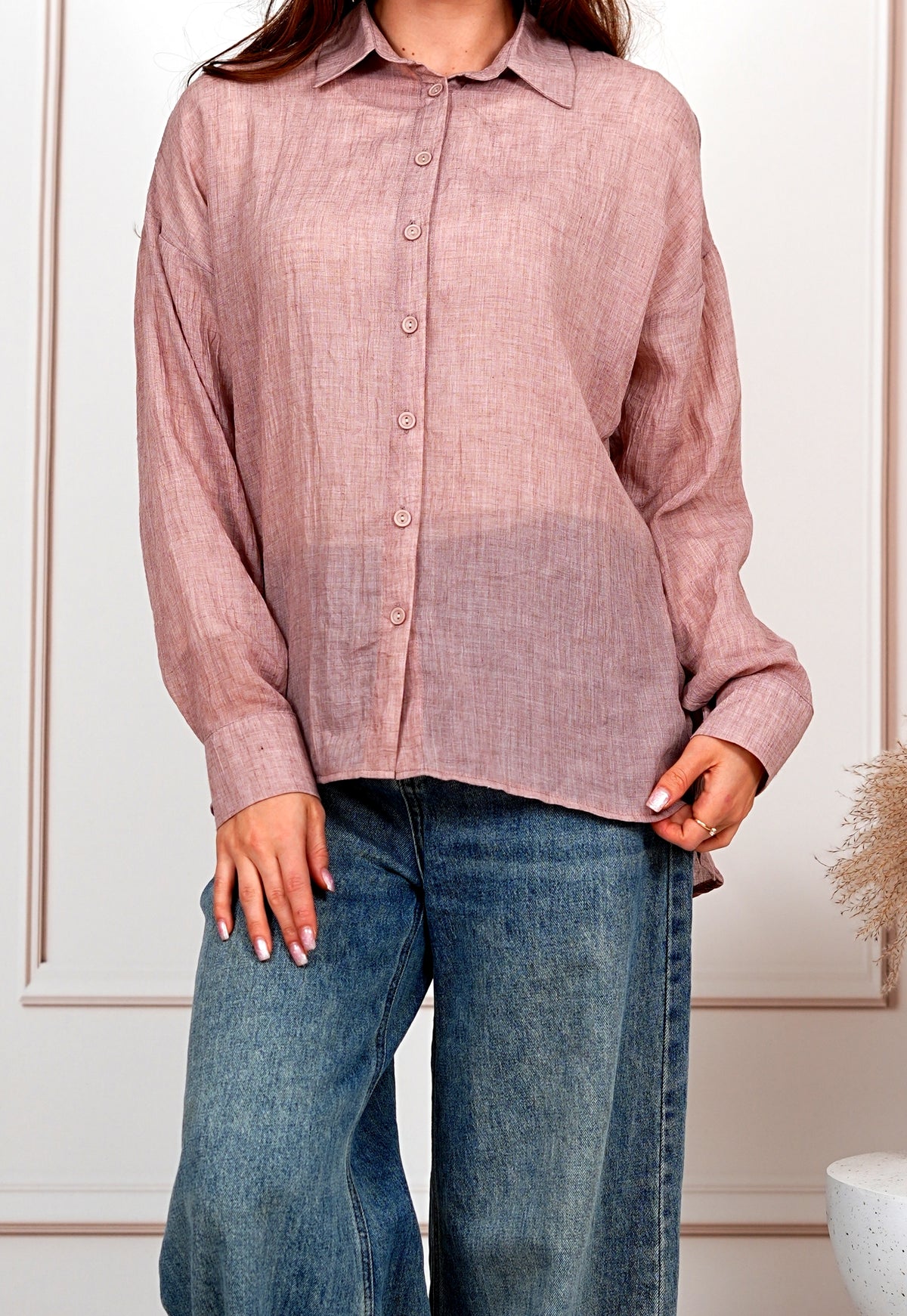 Airy Gauze Dark Pink Relaxed Fit Long Sleeve Shirt