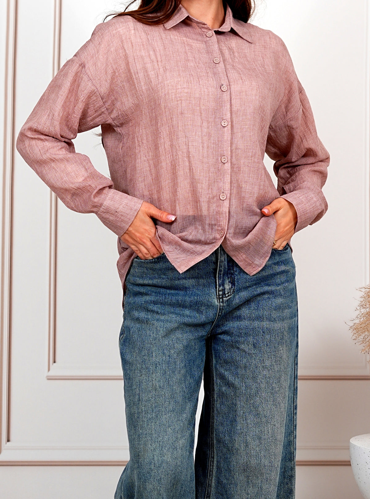 Airy Gauze Dark Pink Relaxed Fit Long Sleeve Shirt