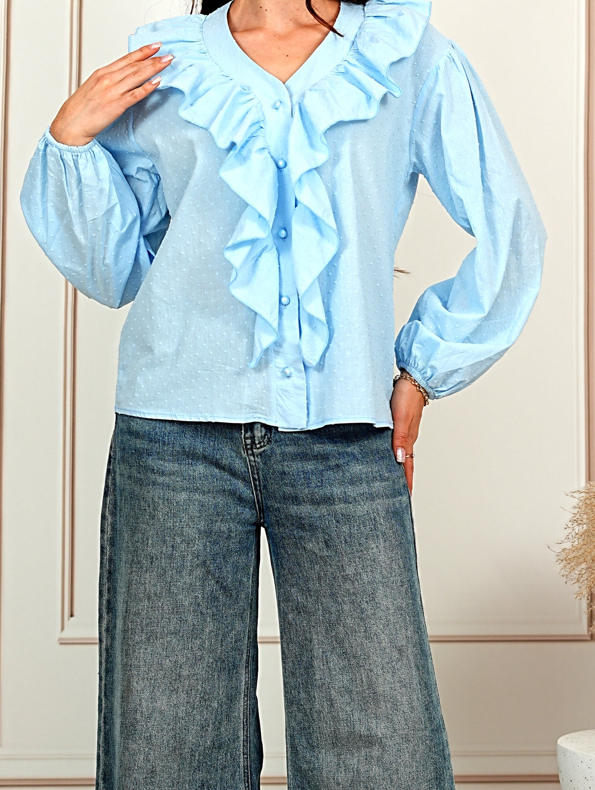Romantic Ruffle Collar V-Neck Blue Blouse with Balloon Sleeves