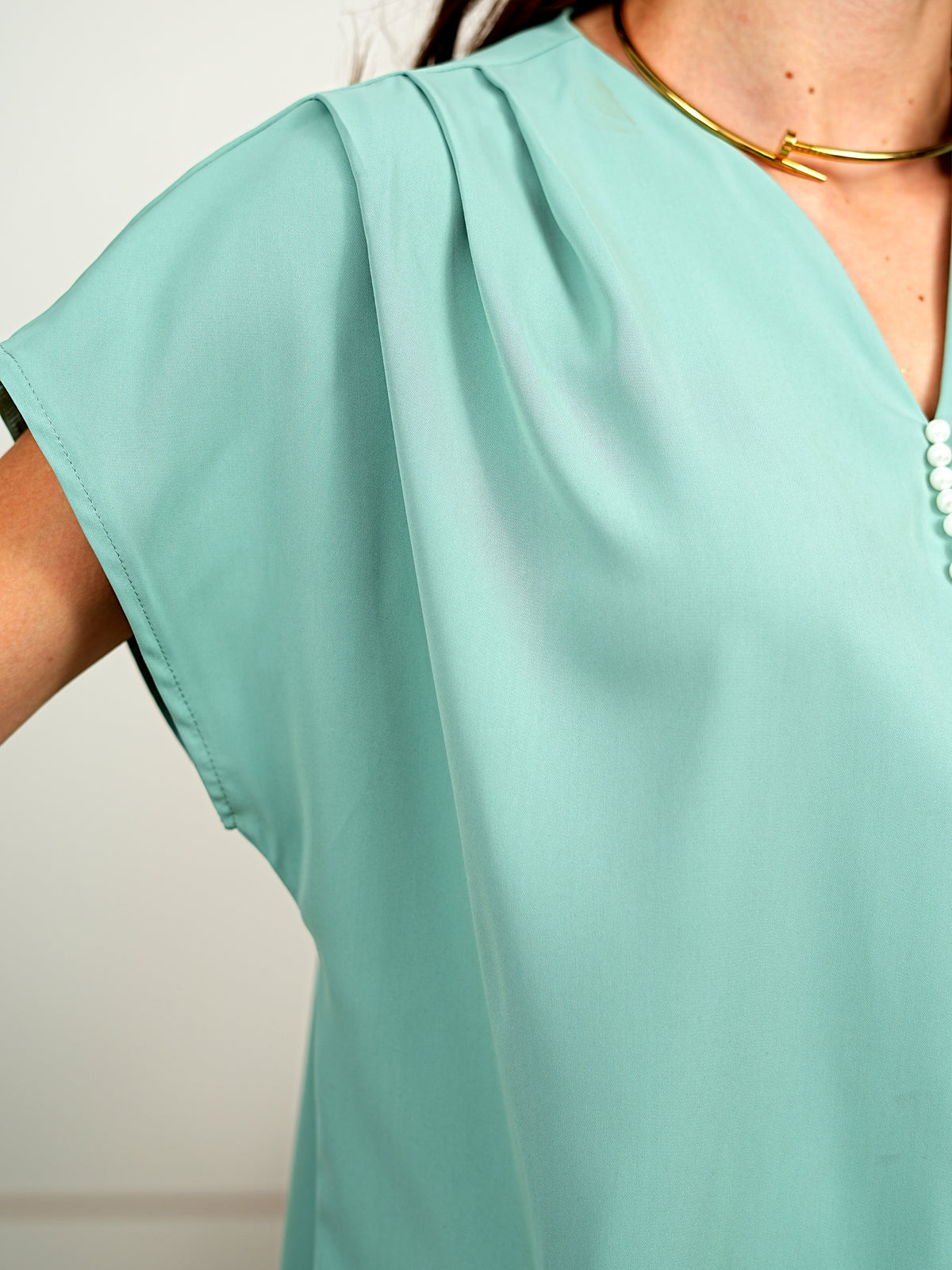 Elegant Drapey Green V-Neck Cap Sleeve Blouse