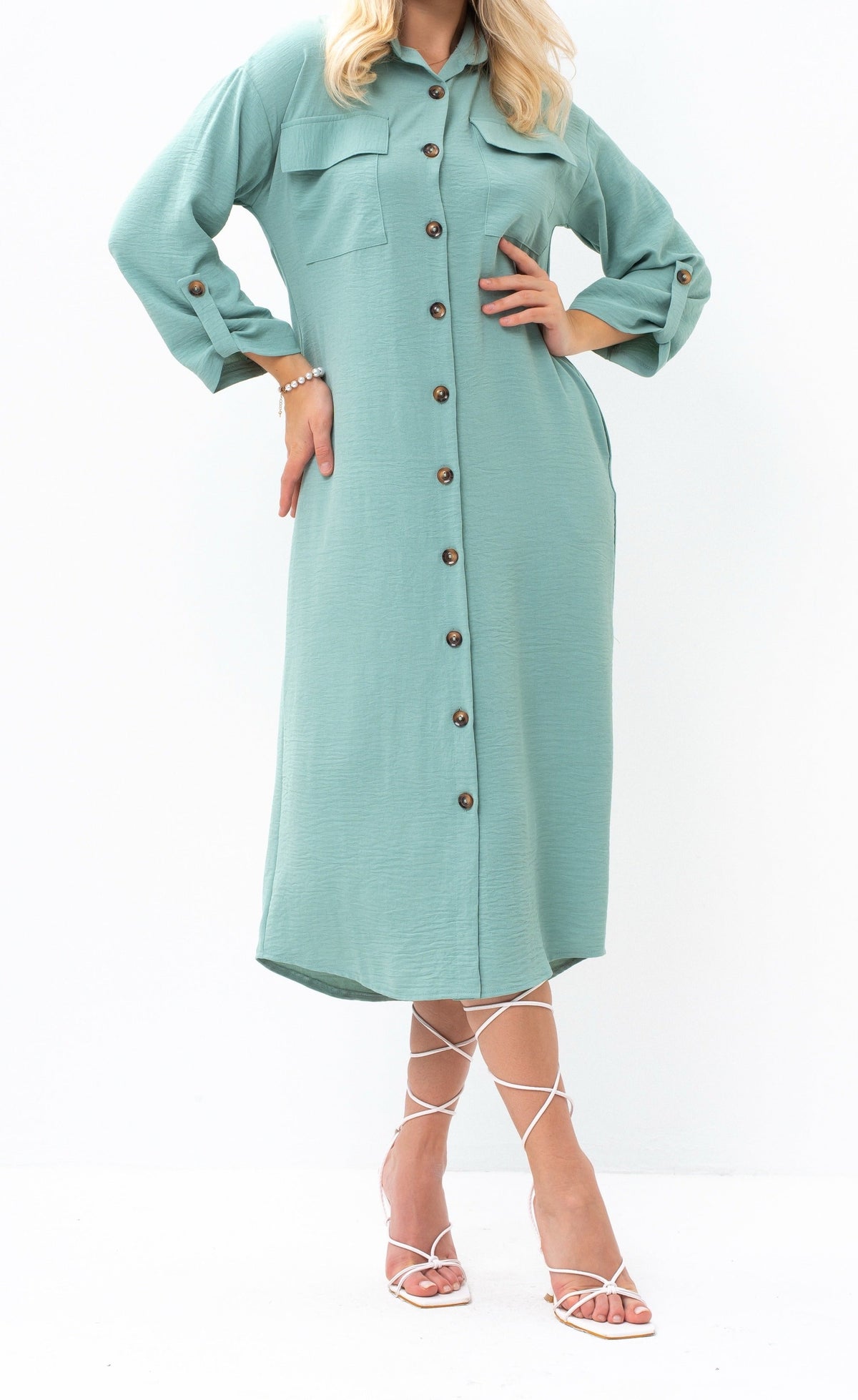 Casual Sophistication Long-Sleeve Utility Teal Blue Shirt Dress — Image 1