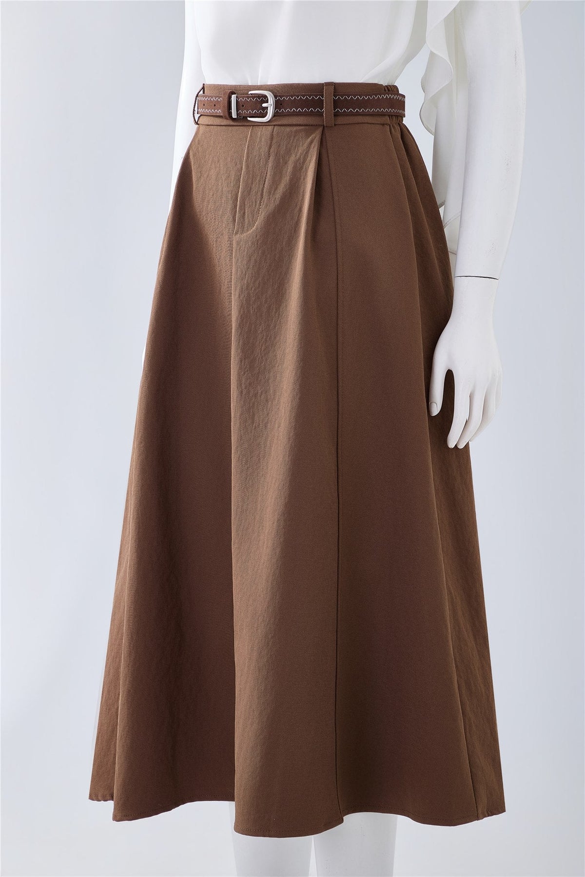 Brown Belted A-Line Midi Skirt — Image 2