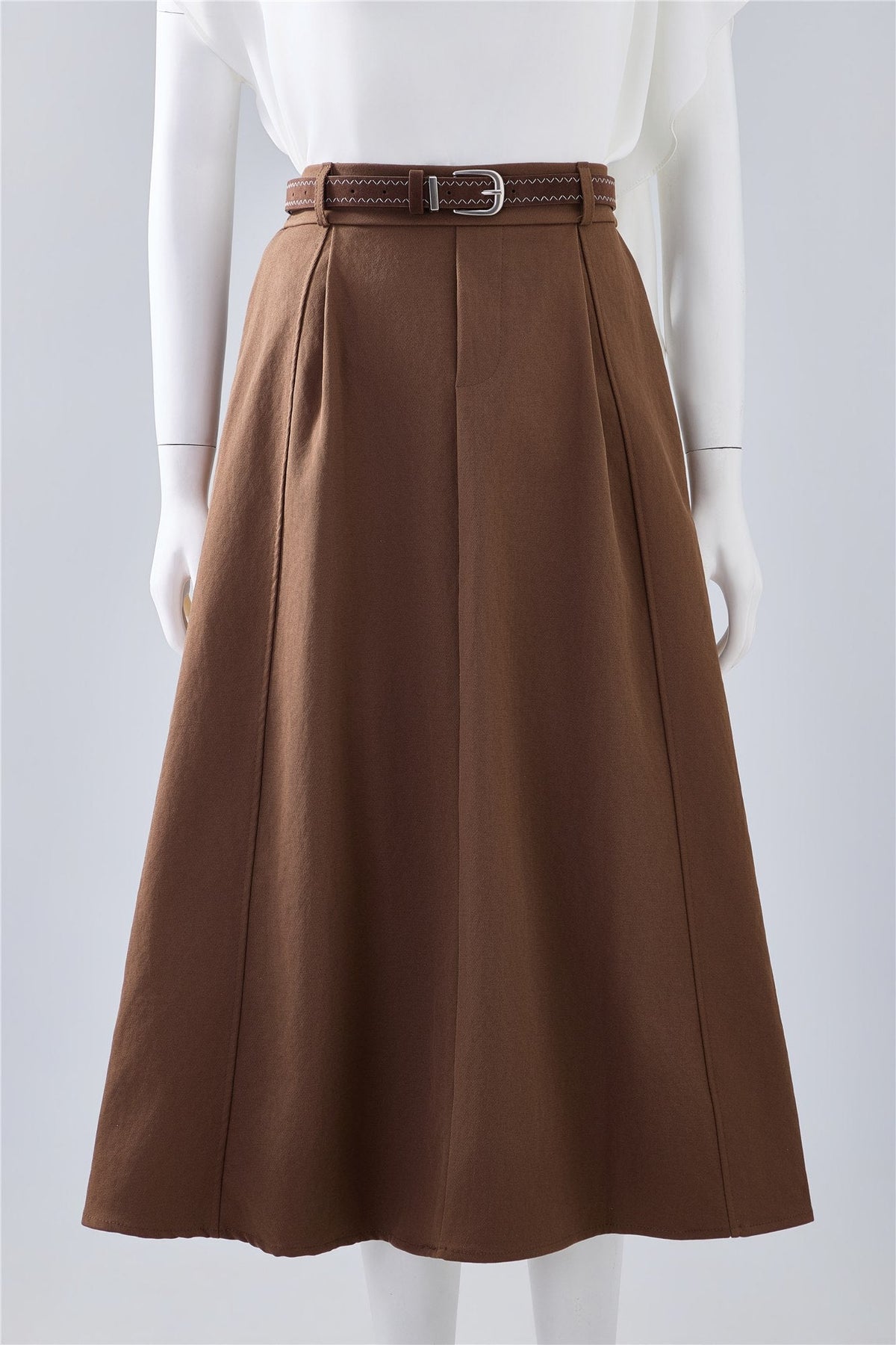 Brown Belted A-Line Midi Skirt — Image 1