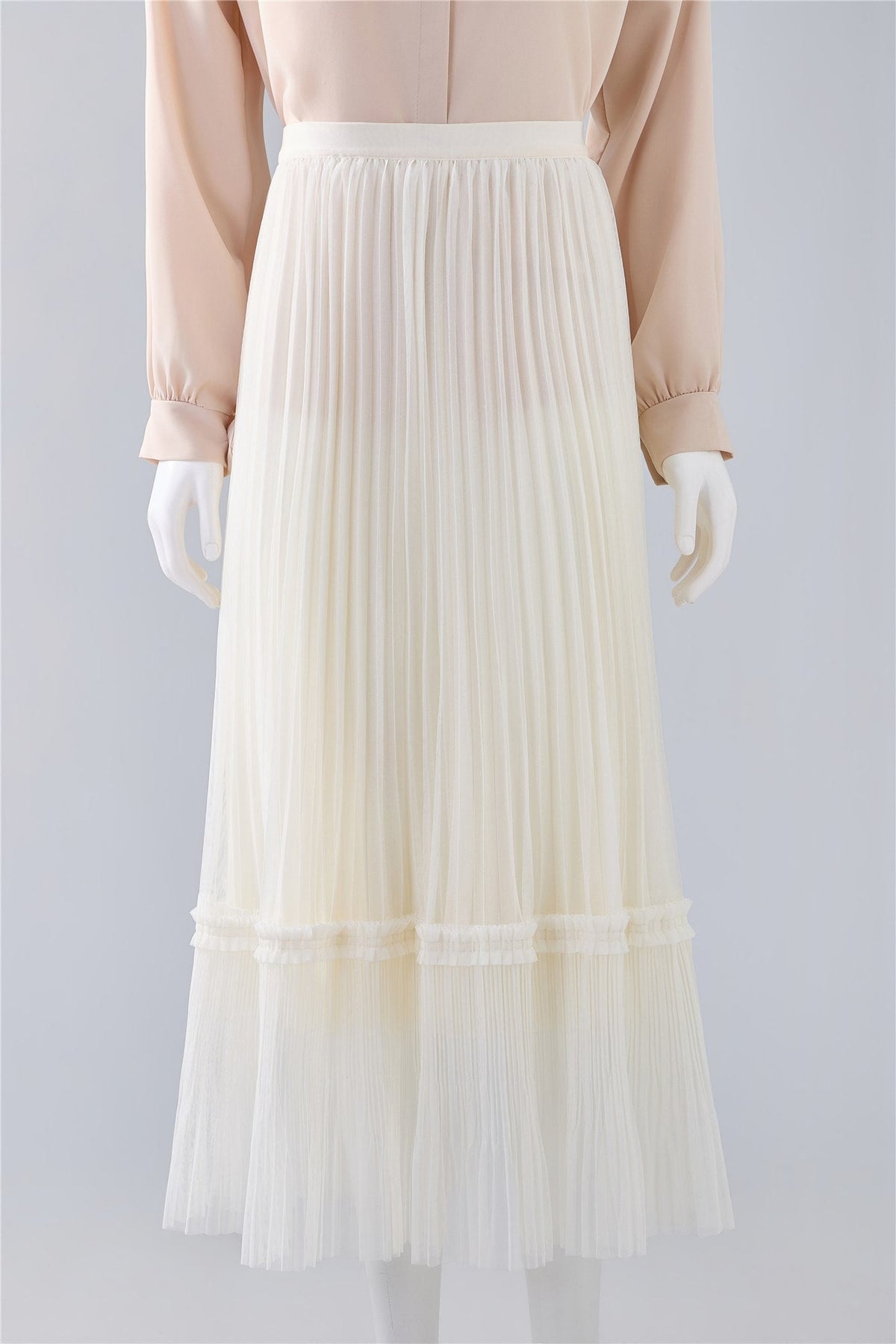 Ivory Pleated Ruffle-Hem Midi Skirt — Image 1