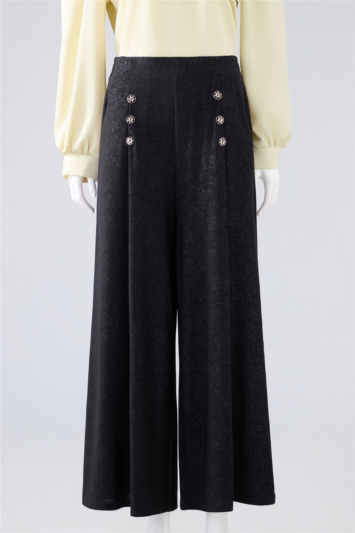 Black Button-Detail Wide-Leg Trousers — Image 1