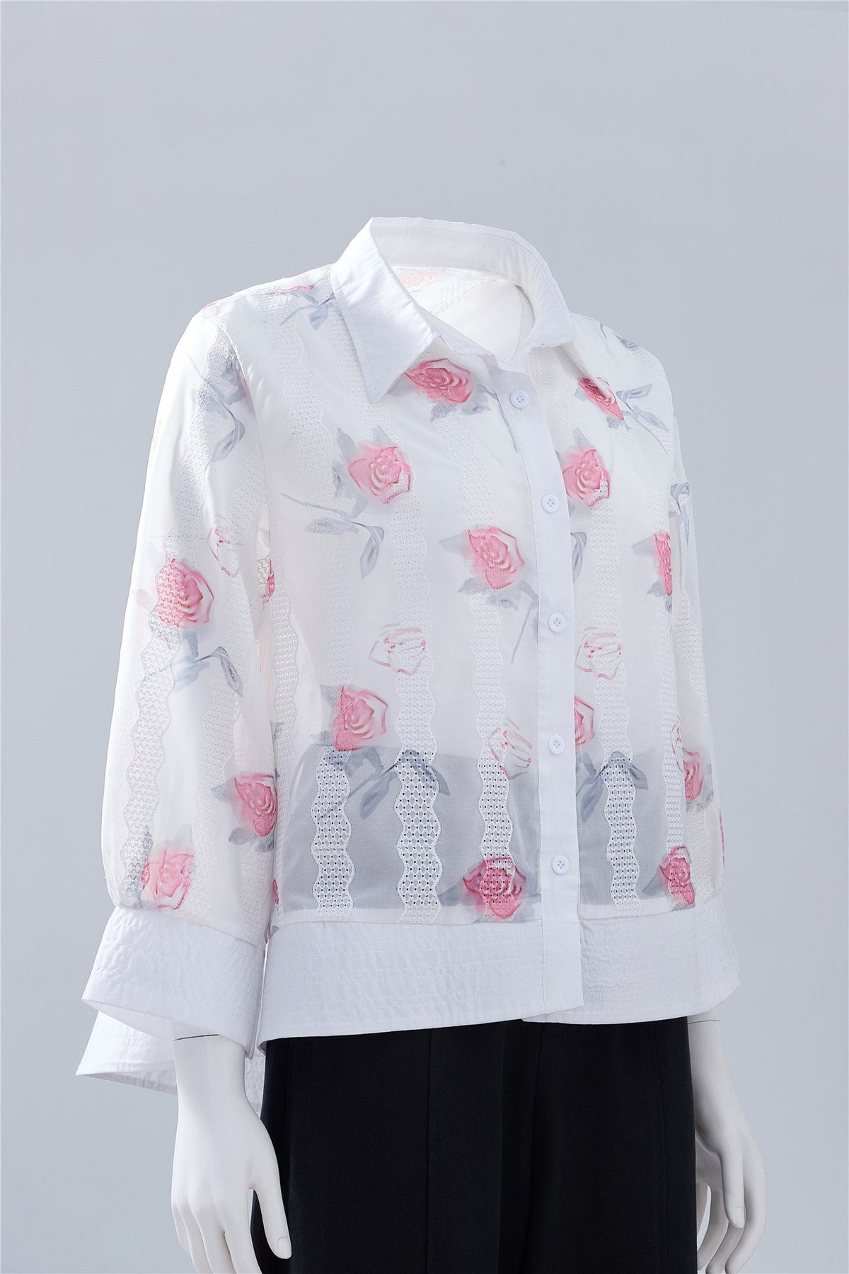 White Floral Button-Front Blouse — Image 2