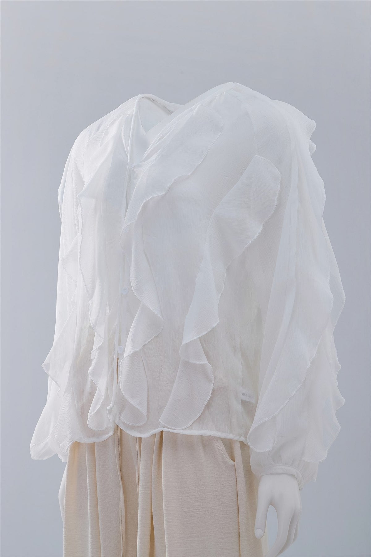 White Gathered Long-Sleeve Blouse — Image 3