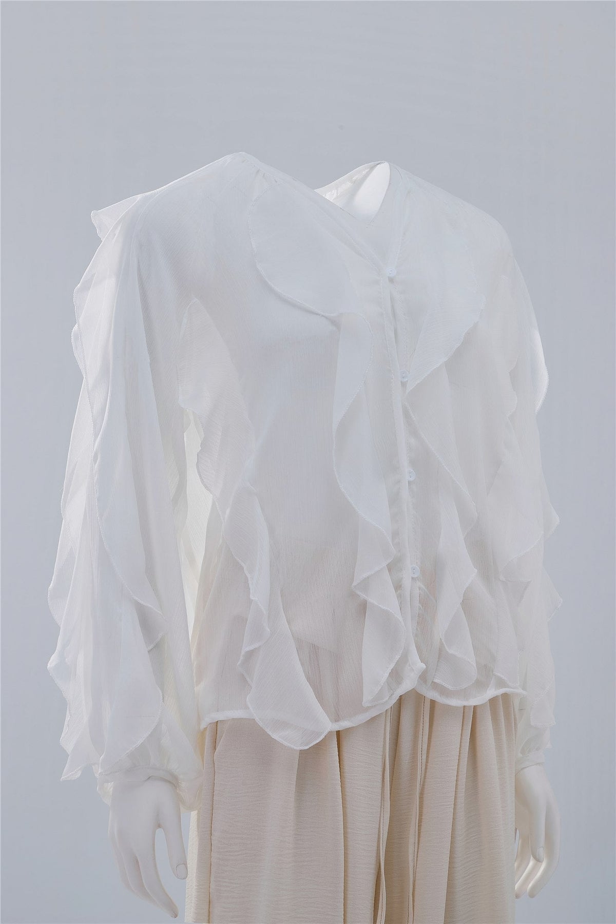 White Gathered Long-Sleeve Blouse — Image 2