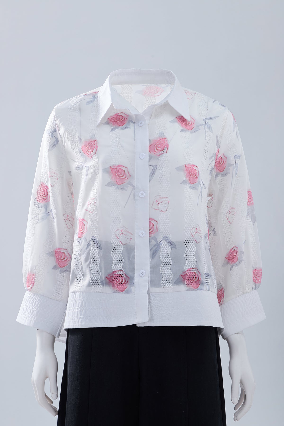 White Floral Button-Front Blouse — Image 1