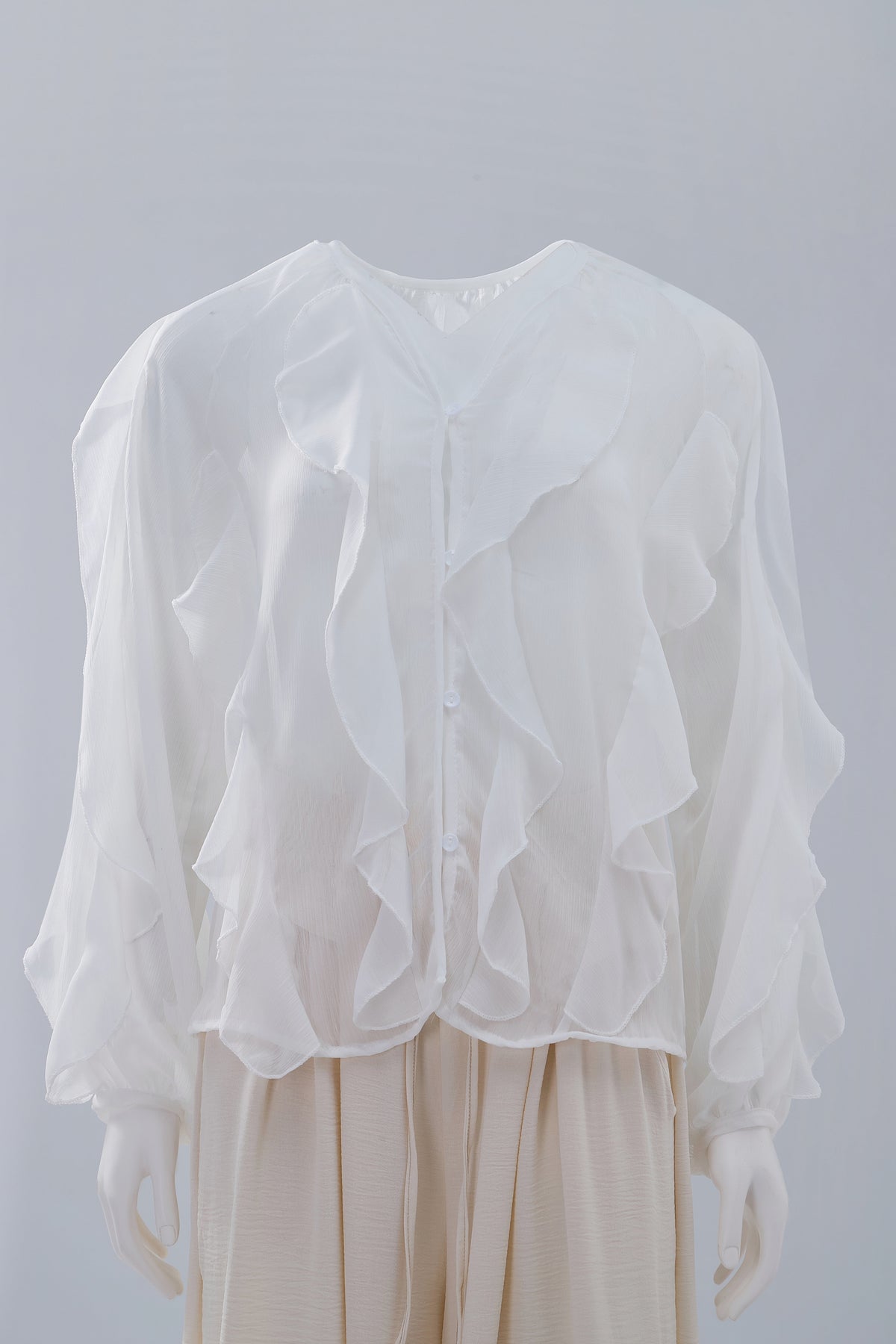 White Gathered Long-Sleeve Blouse — Image 1