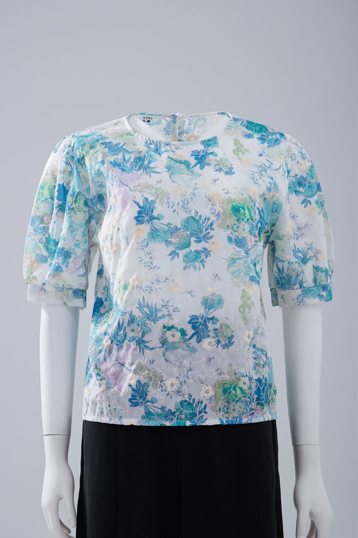 Blue Floral Short-Sleeve Top — Image 1