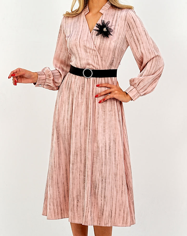 Elegant Pleated Midi Wrap Pink Dress with Statement Belt