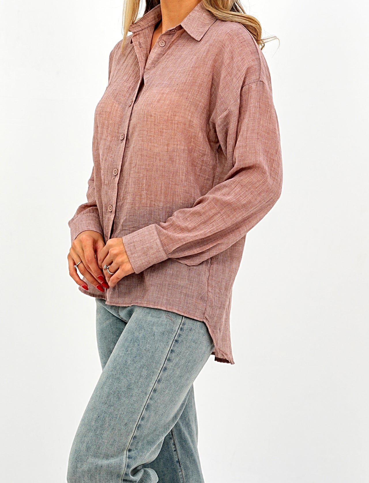 Relaxed Fit Long Sleeve Shirt - Crinkled & Lightweight dark pink