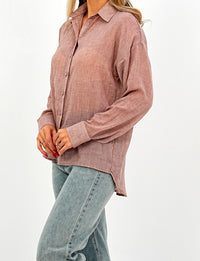 Relaxed Fit Long Sleeve Shirt - Crinkled & Lightweight dark pink