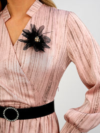 Elegant Pleated Midi Wrap Pink Dress with Statement Belt