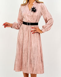 Elegant Pleated Midi Wrap Pink Dress with Statement Belt