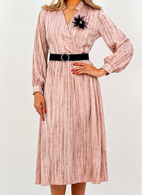 Elegant Pleated Midi Wrap Pink Dress with Statement Belt