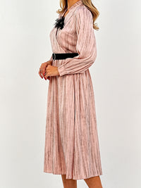 Elegant Pleated Midi Wrap Pink Dress with Statement Belt