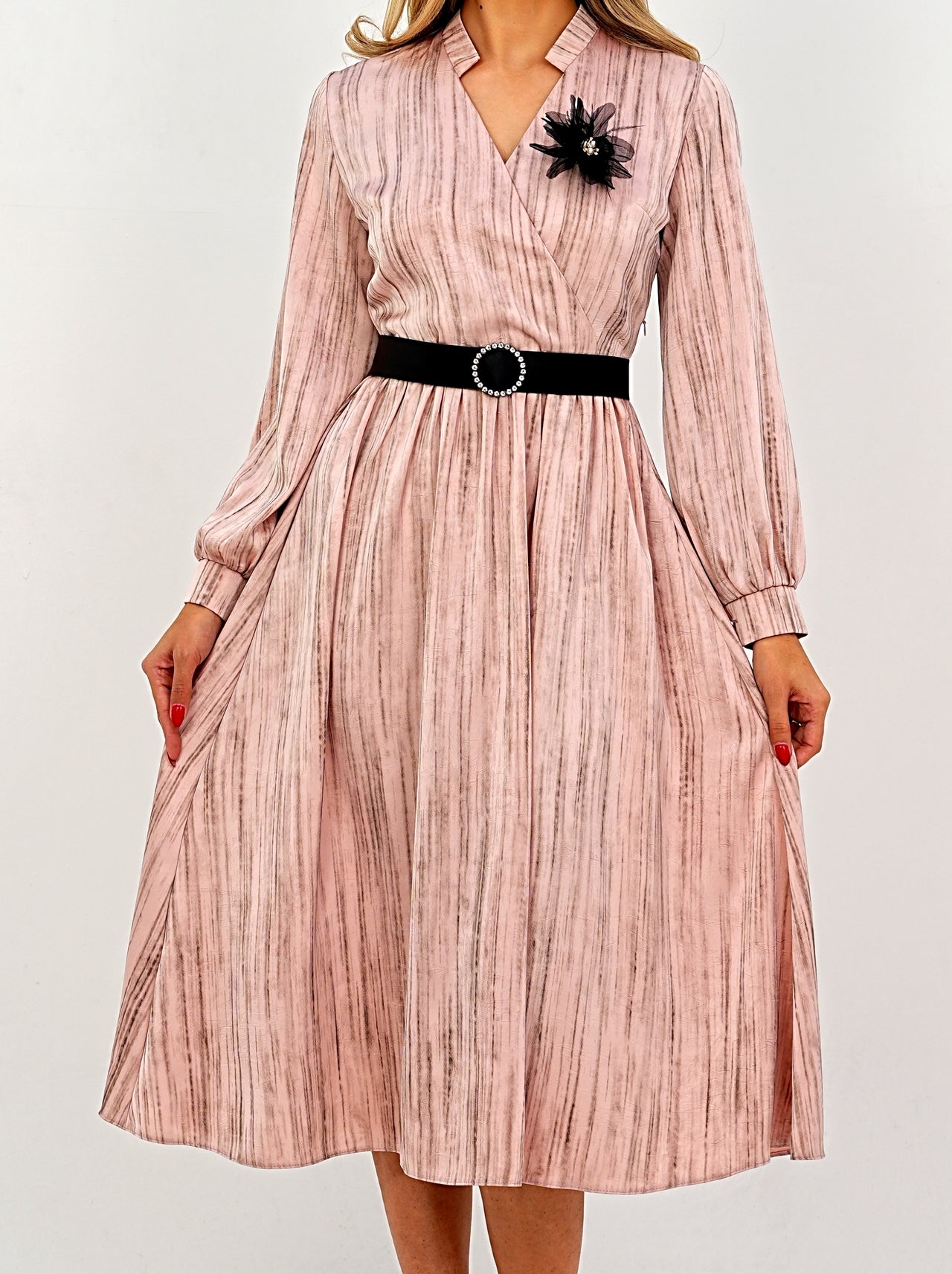 Elegant Pleated Midi Wrap Pink Dress with Statement Belt