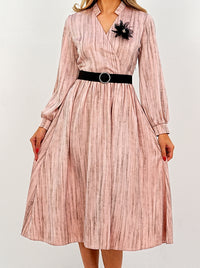 Elegant Pleated Midi Wrap Pink Dress with Statement Belt