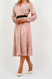 Elegant Pleated Midi Wrap Pink Dress with Statement Belt