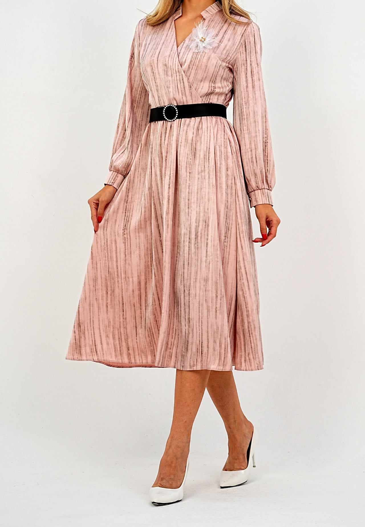 Elegant Pleated Midi Wrap Pink Dress with Statement Belt