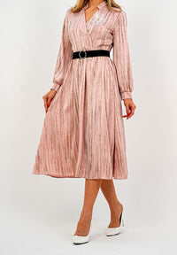 Elegant Pleated Midi Wrap Pink Dress with Statement Belt