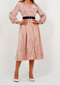 Elegant Pleated Midi Wrap Pink Dress with Statement Belt