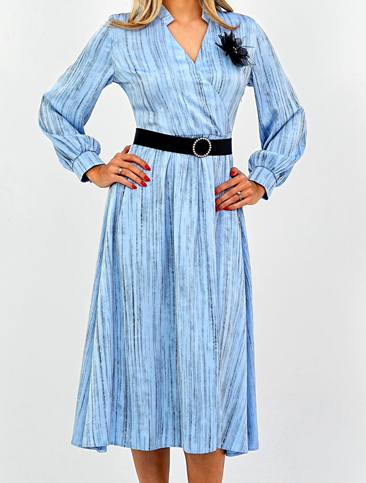 Elegant Pleated Midi Wrap Blue Dress with Statement Belt